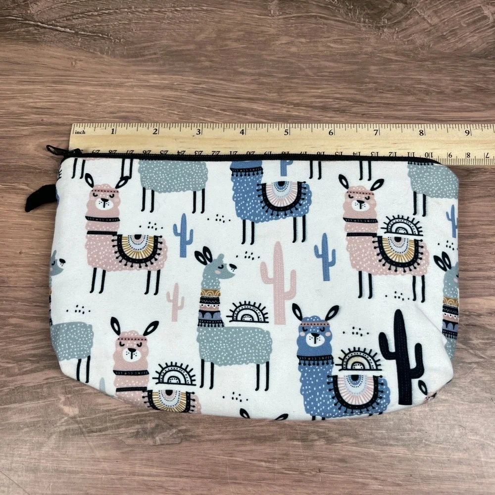 Llama Cactus Print Cosmetic Bag ‎ Medium White Pink Blue Pouch
